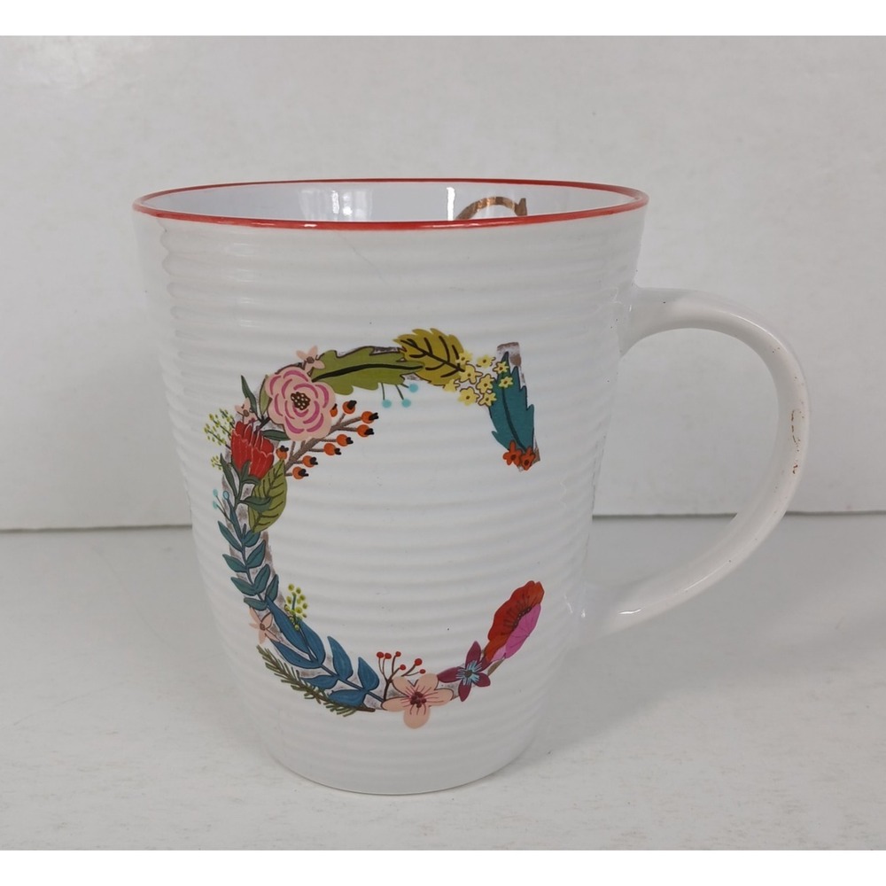 Pier 1 Letter C Stoneware Floral Monogram Coffee Mug 16 Oz